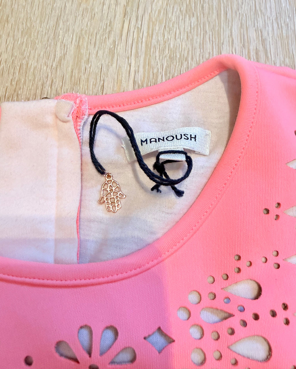 🌸 MANOUSH T36 – Top Peplum Corail Fluo Néoprène Découpé Laser