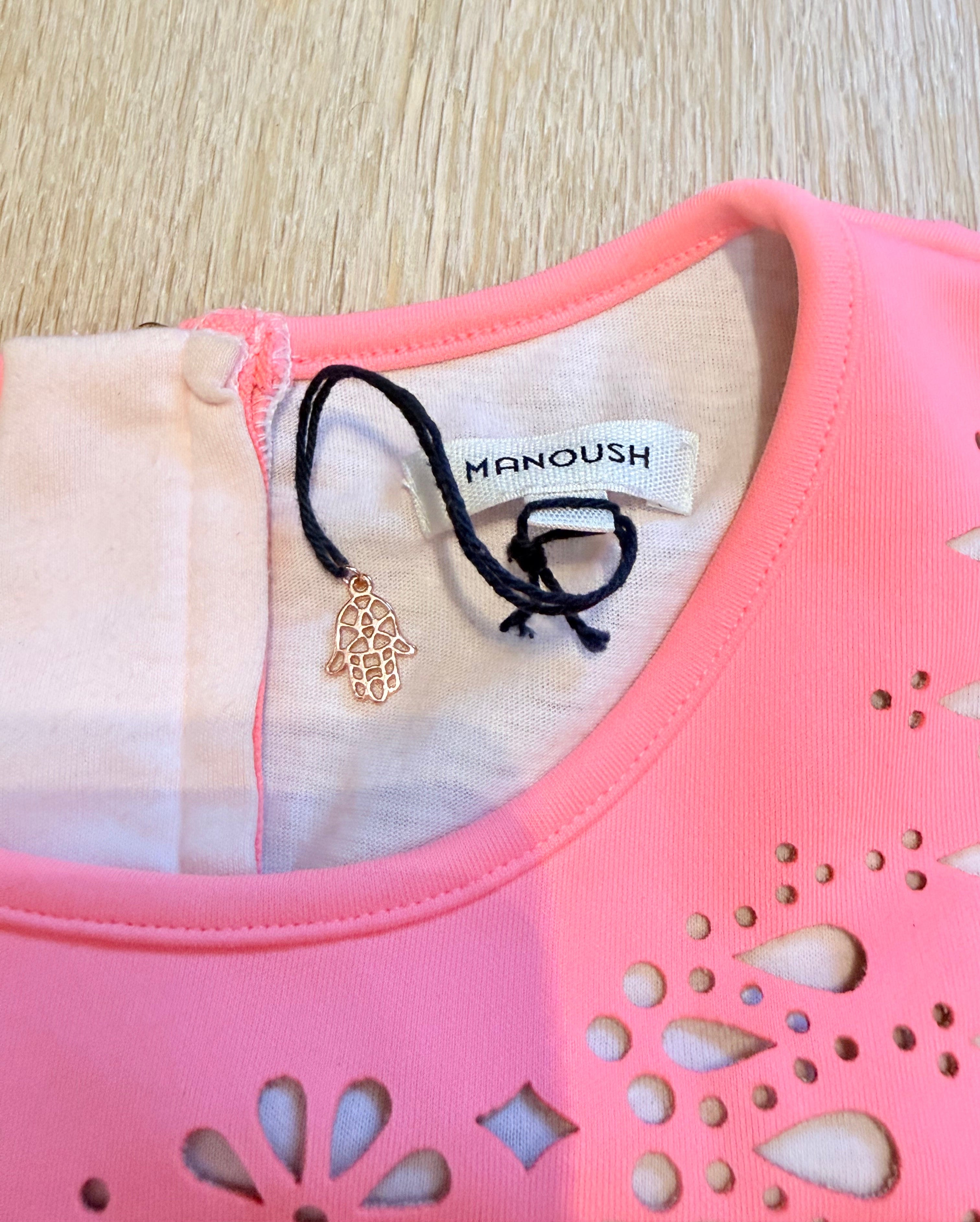 🌸 MANOUSH T36 – Top Peplum Corail Fluo Néoprène Découpé Laser