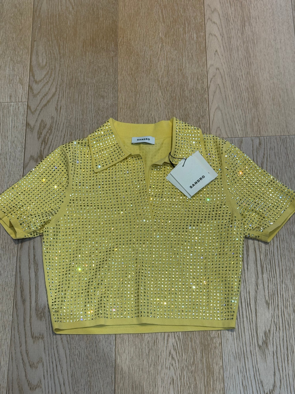 ✨ Neuf 249€ - Sandro - Crop Top Polo- jaune - Full Strass - T36 ✨