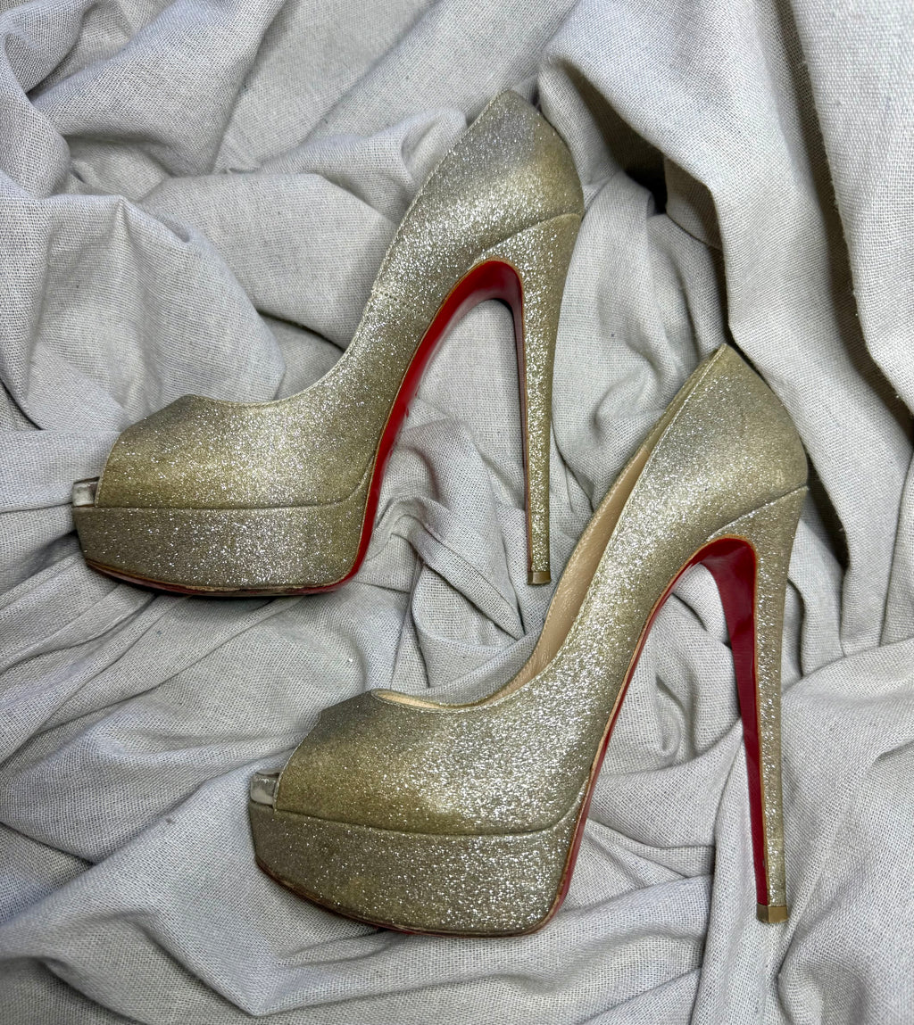 ✨ Escarpins Christian Louboutin Lady Peep Glitter Doré 37 ✨