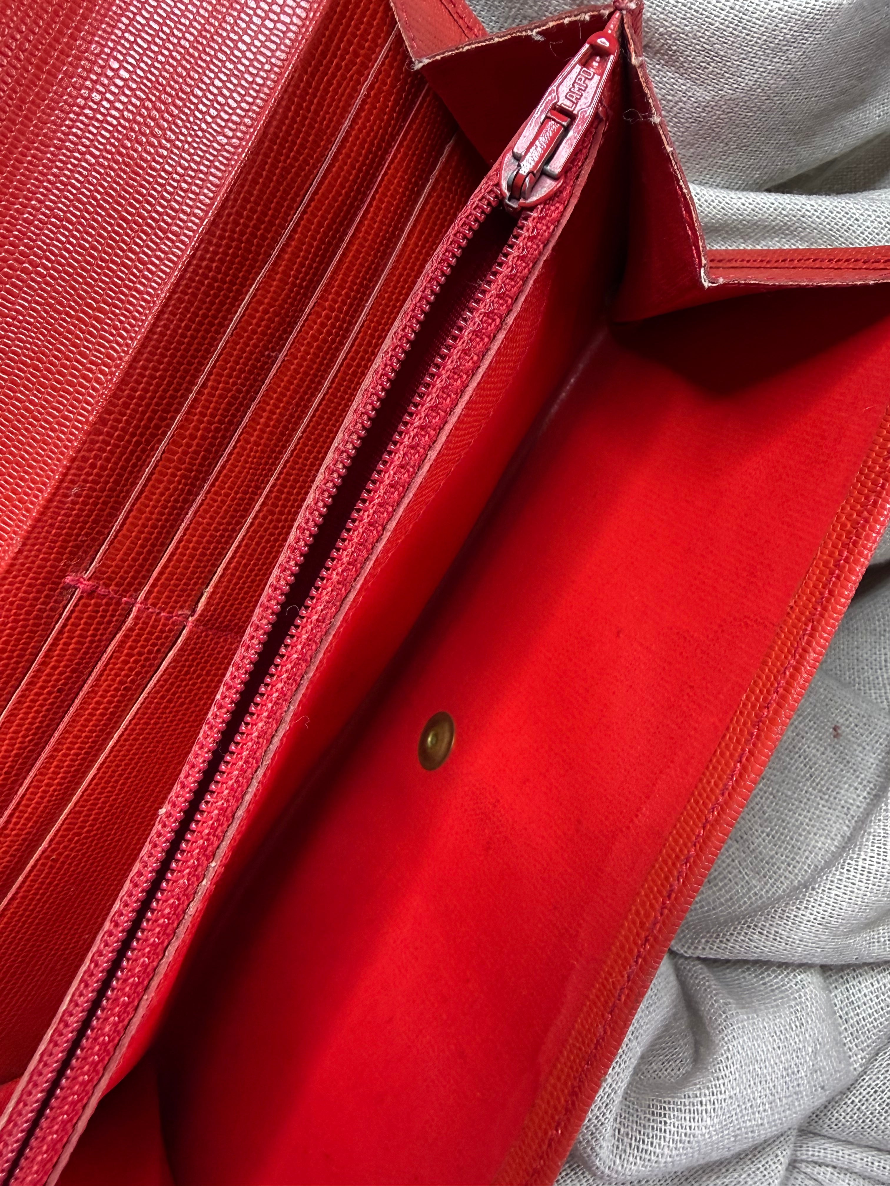 ✨ Portefeuille long Vintage Céline Paris – Cuir Rouge façon Lézard & Fermoir Cercle Doré ✨