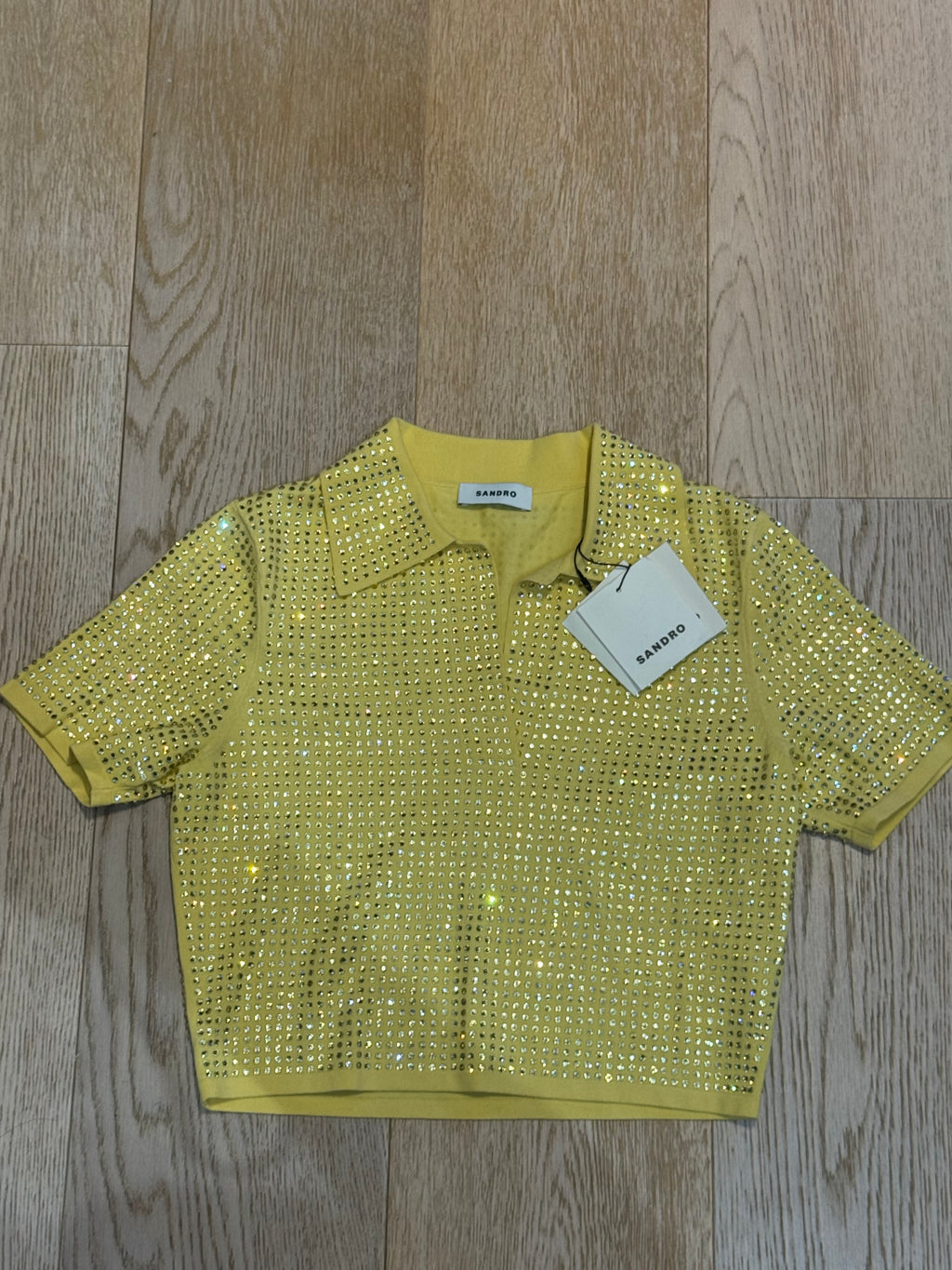 ✨ Neuf 249€ - Sandro - Crop Top Polo- jaune - Full Strass - T36 ✨