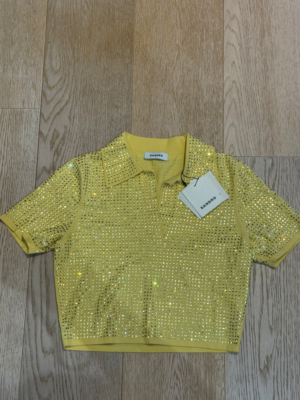 ✨ Neuf 249€ - Sandro - Crop Top Polo- jaune - Full Strass - T36 ✨