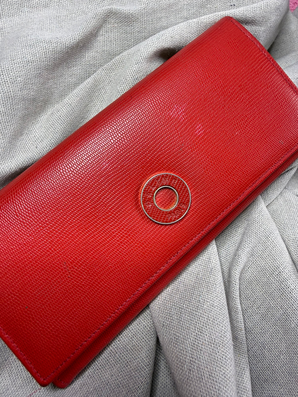 ✨ Portefeuille long Vintage Céline Paris – Cuir Rouge façon Lézard & Fermoir Cercle Doré ✨