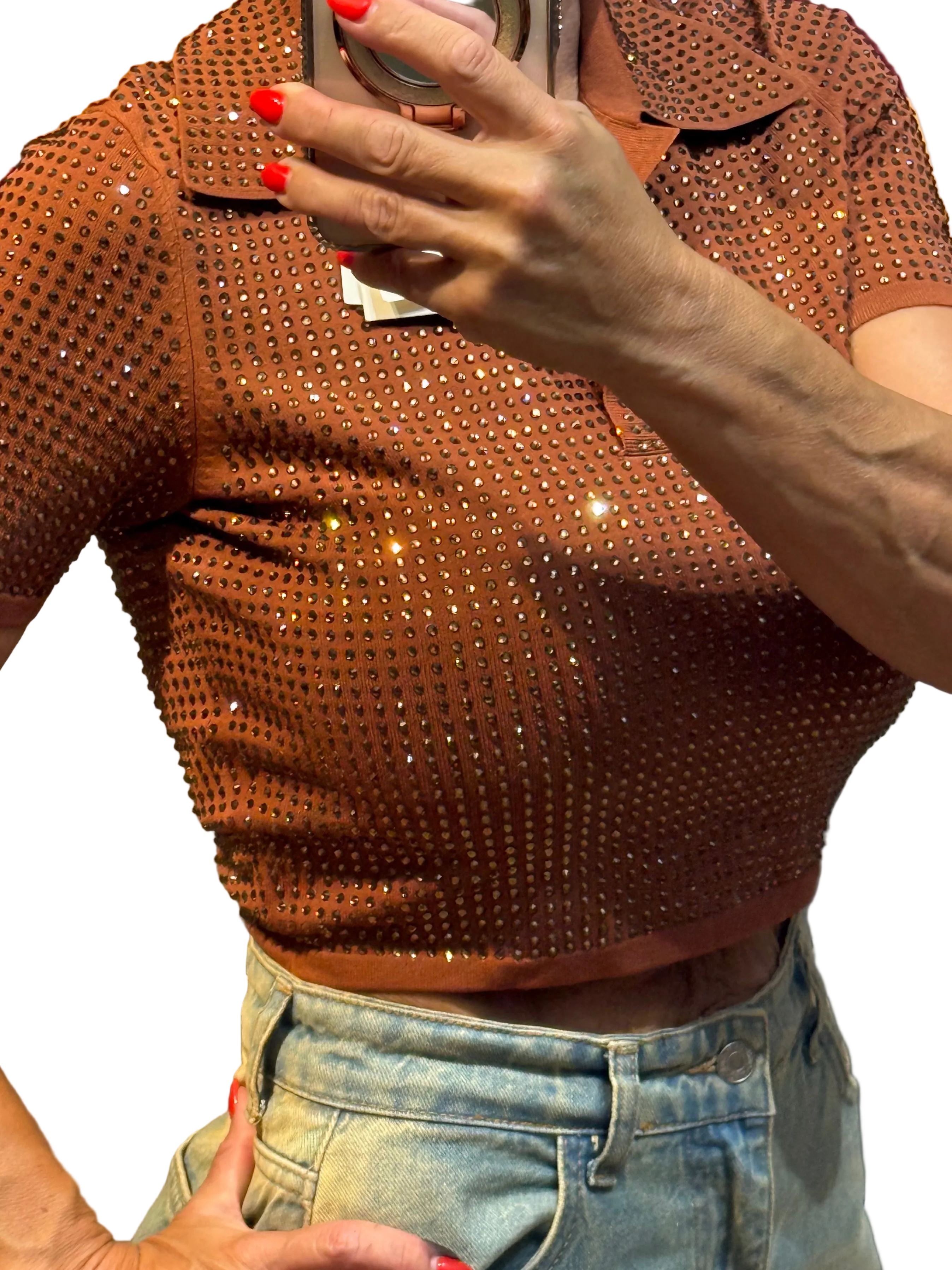 Neuf 249€ Sandro full strass polo crop T. 36
