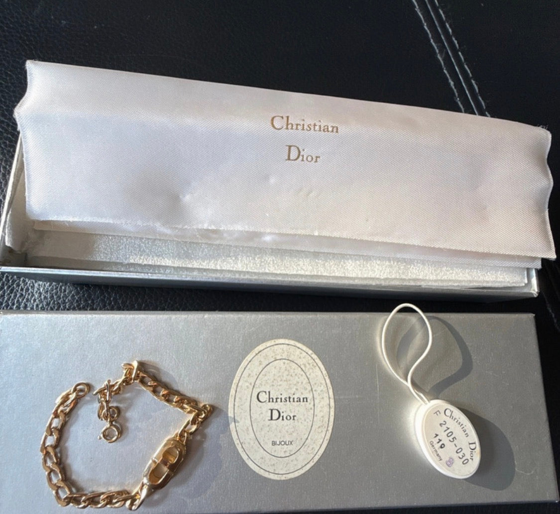 ✨ Christian Dior Vintage – Bracelet Gourmette Monogramme CD plaqué or Full set certificat inclus ✨