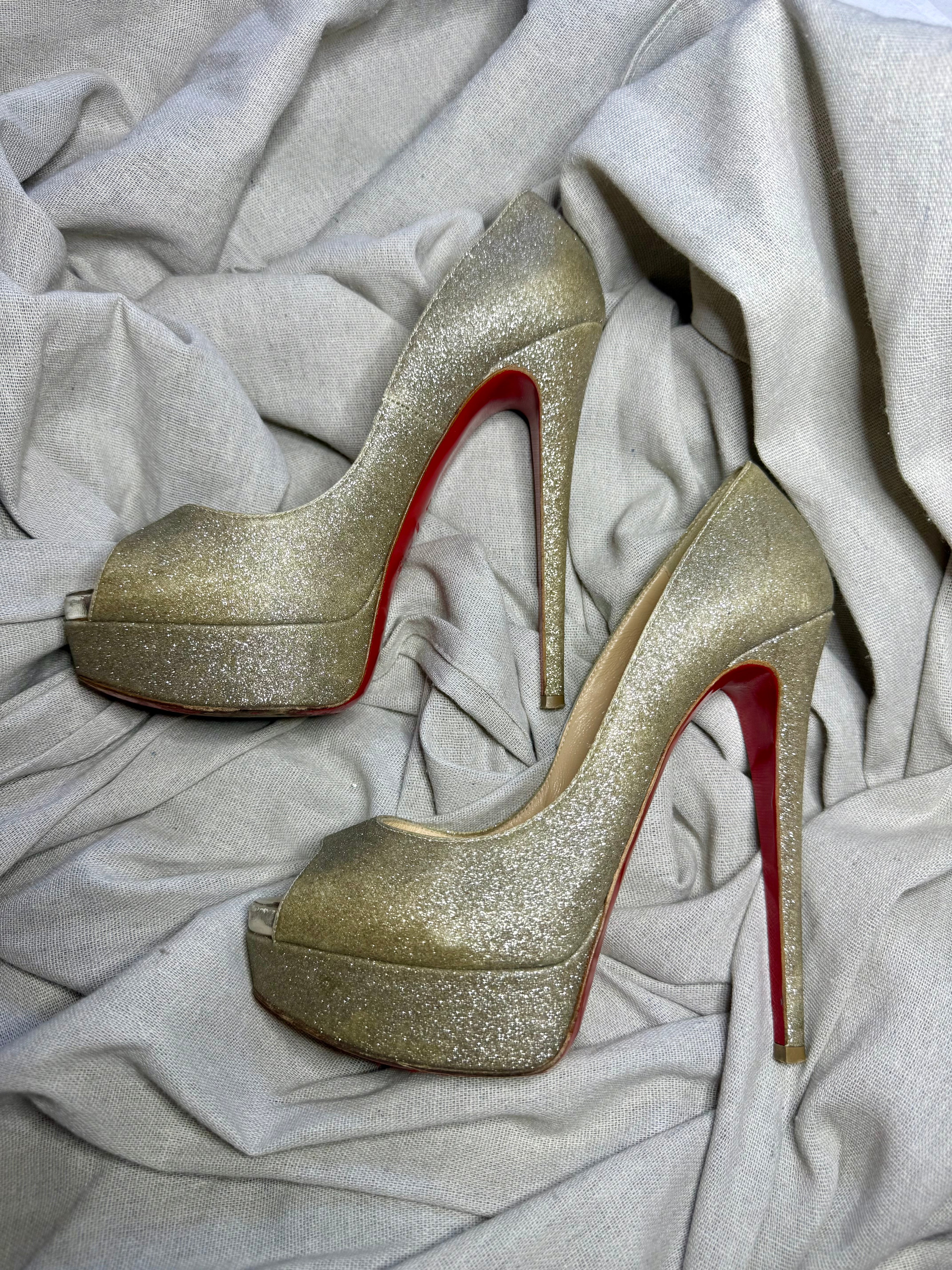 ✨ Escarpins Christian Louboutin Lady Peep Glitter Doré 37 ✨
