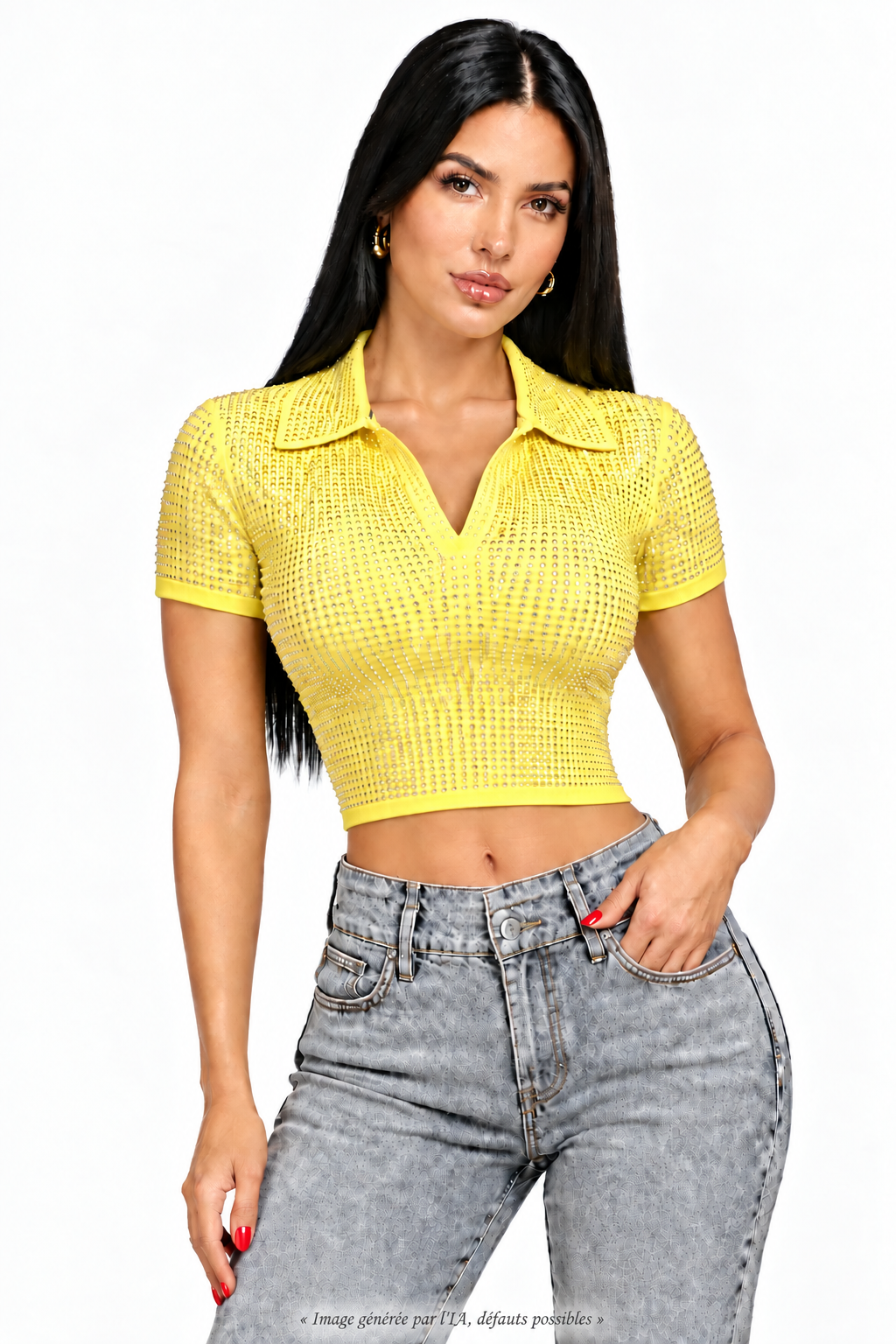 ✨ Neuf 249€ - Sandro - Crop Top Polo- jaune - Full Strass - T36 ✨