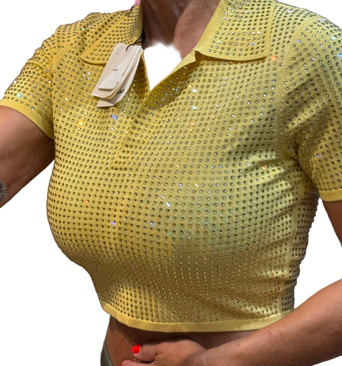 ✨ Neuf 249€ - Sandro - Crop Top Polo- jaune - Full Strass - T36 ✨