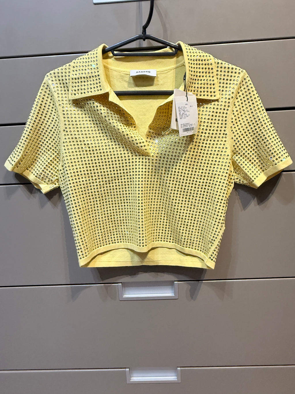 ✨ Neuf 249€ - Sandro - Crop Top Polo- jaune - Full Strass - T36 ✨