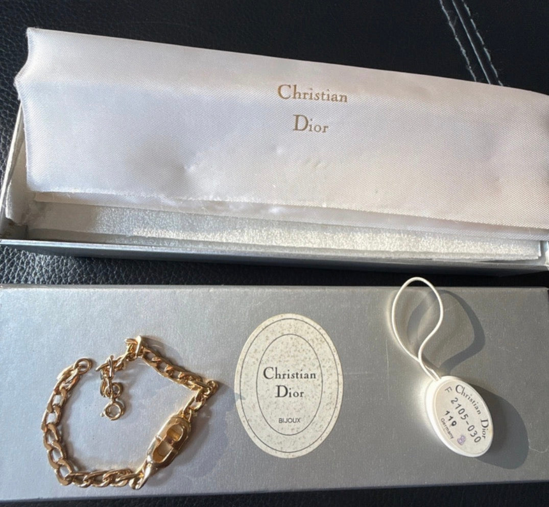✨ Christian Dior Vintage – Bracelet Gourmette Monogramme CD plaqué or Full set certificat inclus ✨
