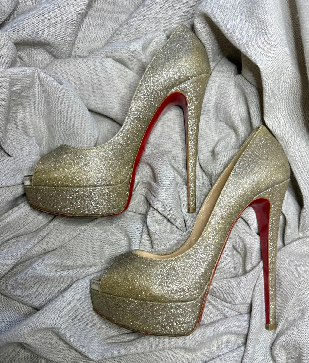 ✨ Escarpins Christian Louboutin Lady Peep Glitter Doré 37 ✨