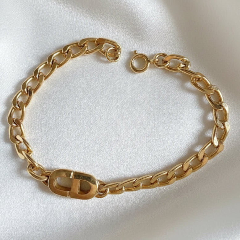 ✨ Christian Dior Vintage – Bracelet Gourmette Monogramme CD plaqué or Full set certificat inclus ✨