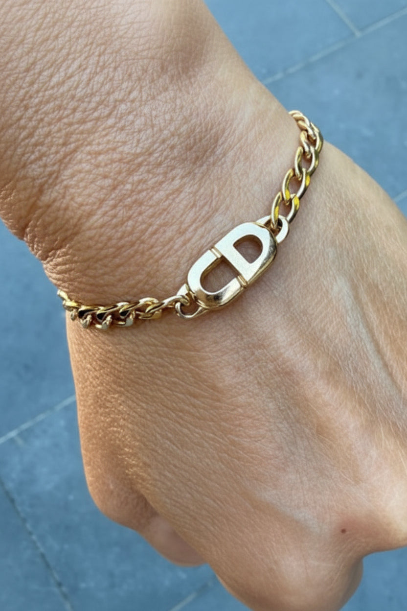 ✨ Christian Dior Vintage – Bracelet Gourmette Monogramme CD plaqué or Full set certificat inclus ✨