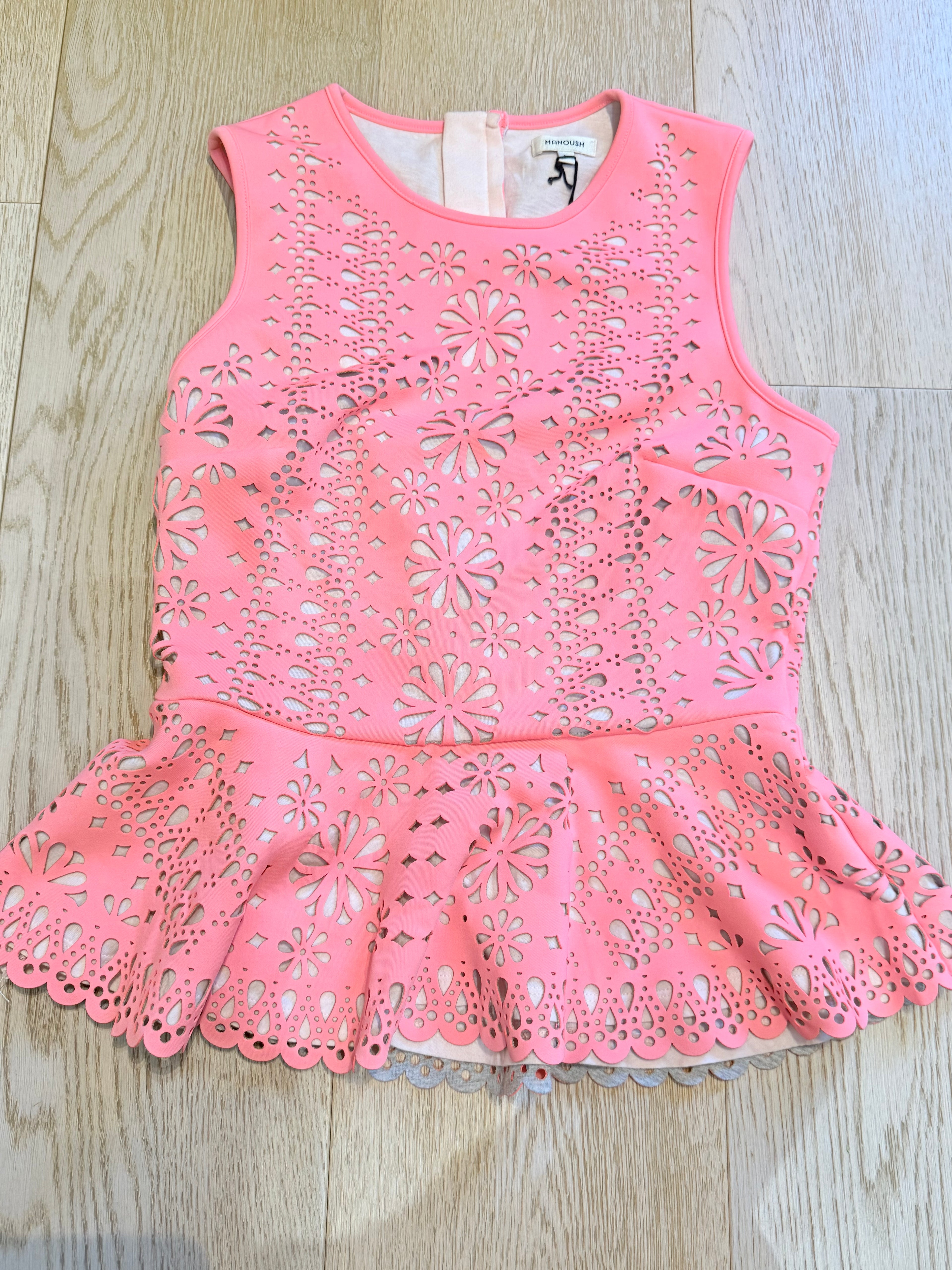 🌸 MANOUSH T36 – Top Peplum Corail Fluo Néoprène Découpé Laser