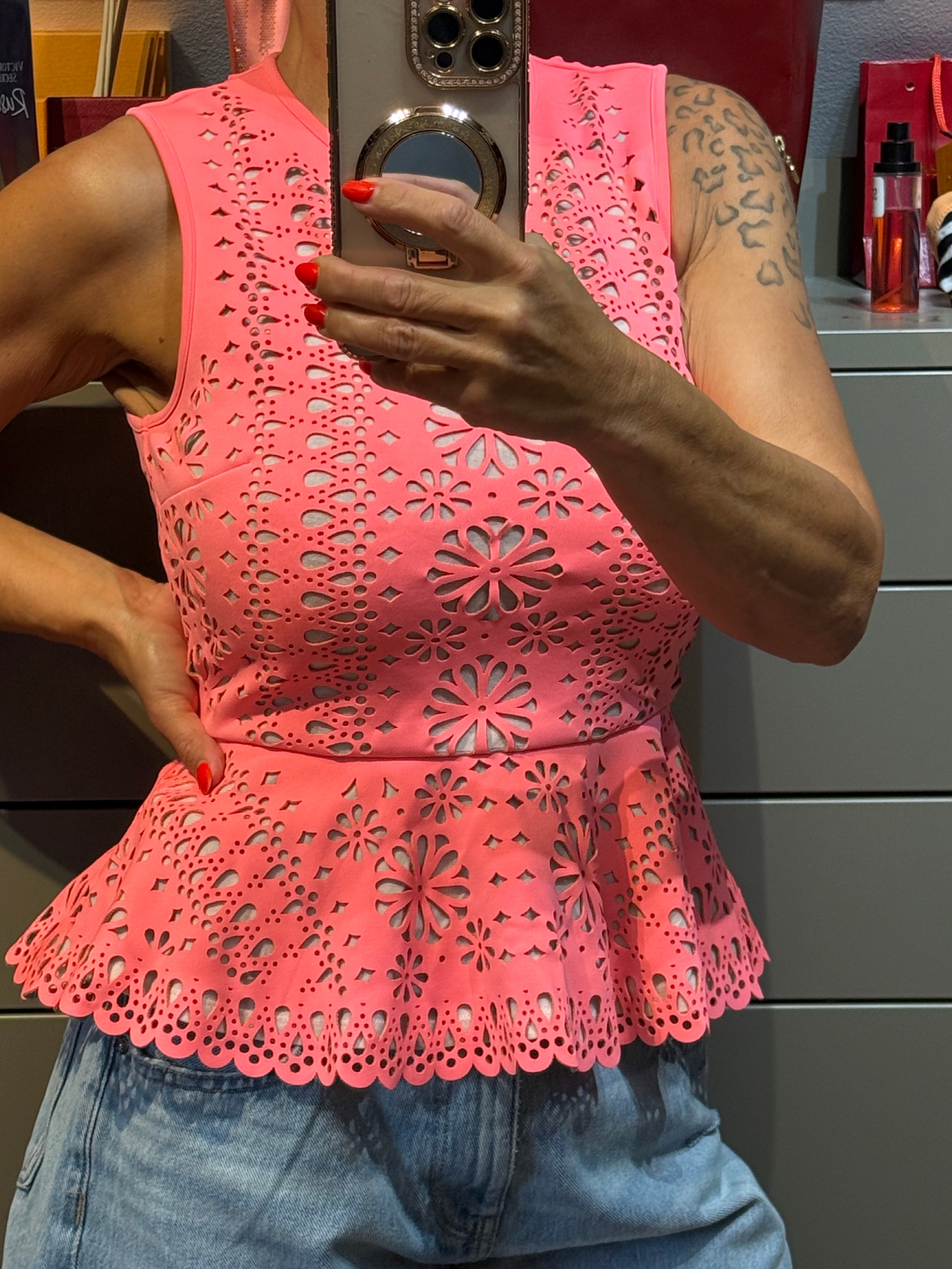 🌸 MANOUSH T36 – Top Peplum Corail Fluo Néoprène Découpé Laser
