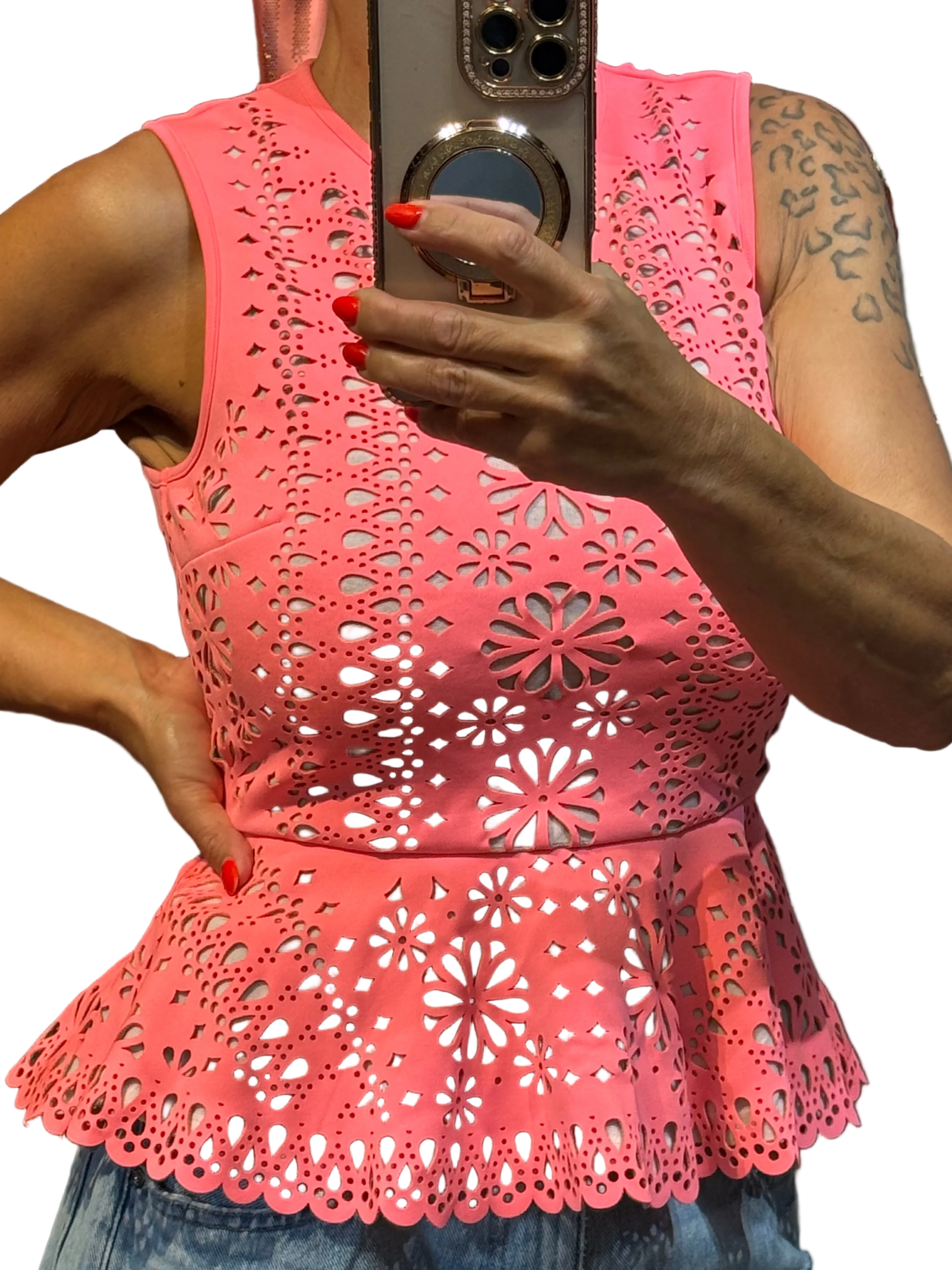 🌸 MANOUSH T36 – Top Peplum Corail Fluo Néoprène Découpé Laser